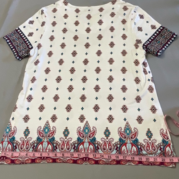 Chico's Paisley Tunic Notched Neck Short Sleeve Blouse White Sz 12 (Chico’s 2) - Picture 7 of 8